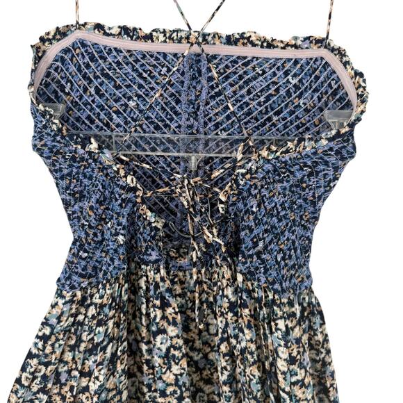 Free People One I Love Dress Denim Combo S Midi Ditsy Floral Blue Smocked Boho - Picture 8 of 10